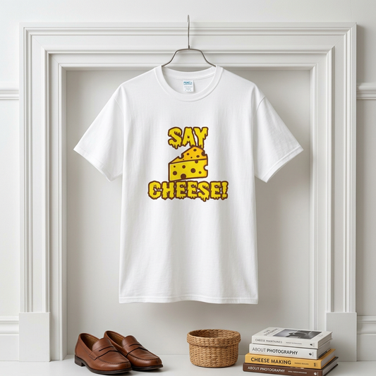 A white t-shirt with cheese shaped text 'Say cheese' with a graphic of yellow cheese in the middle on a hanger against a white wall.