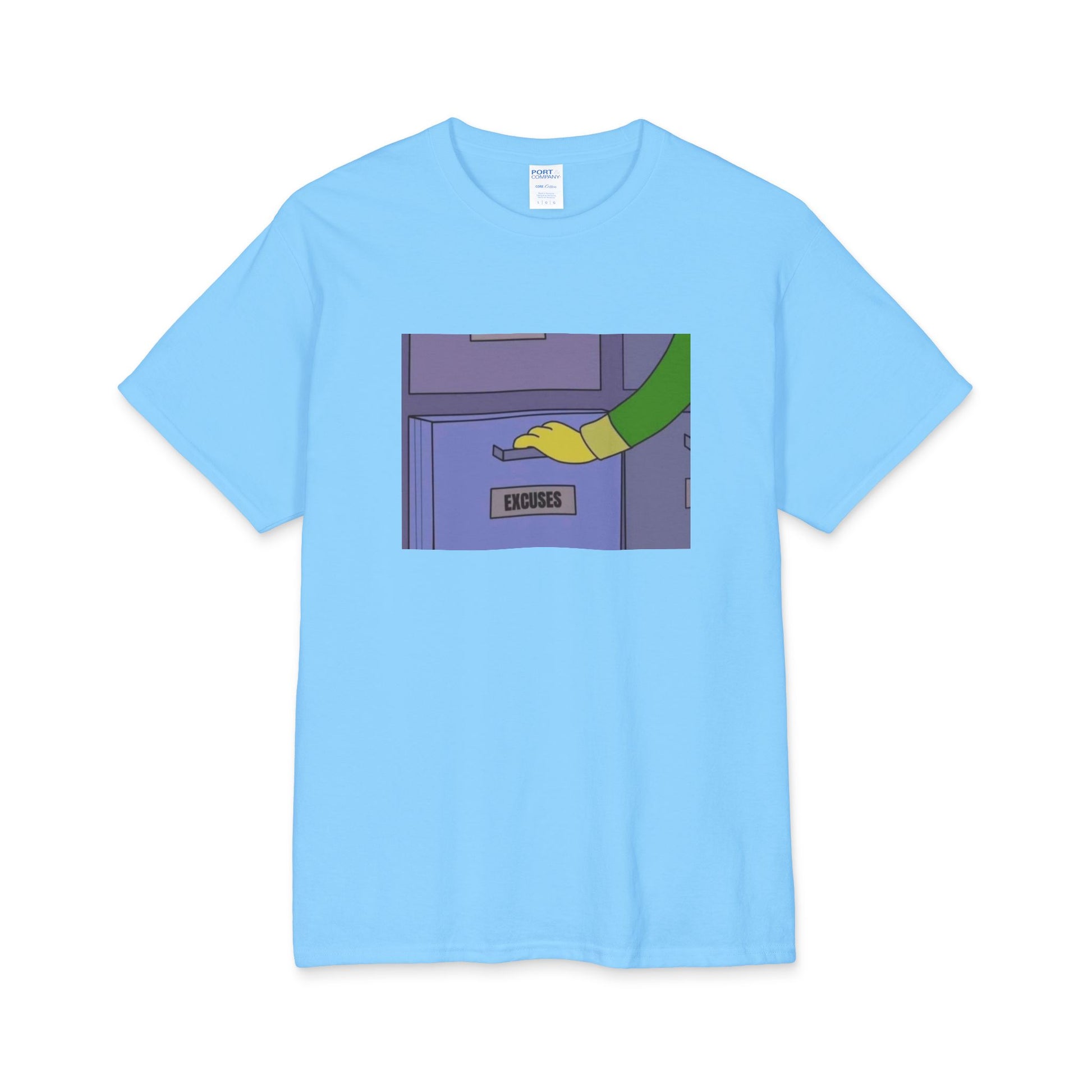 A light blue t-shirt with a graphic design of a file drawer labeled excuses and a hand reaching to open it on a white background