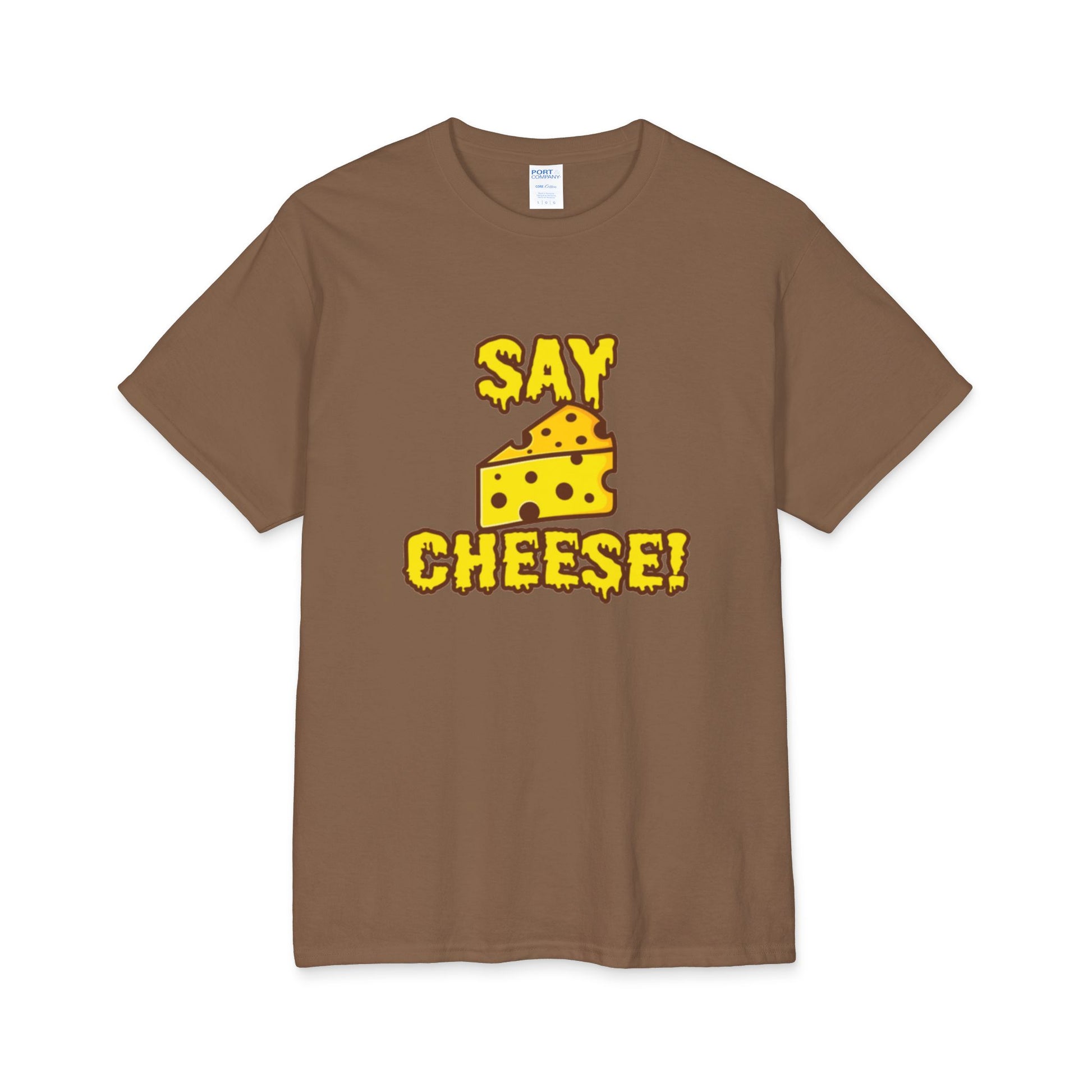 A brown t-shirt with cheese shaped text 'Say cheese' with a graphic of yellow cheese in the middle on a white background