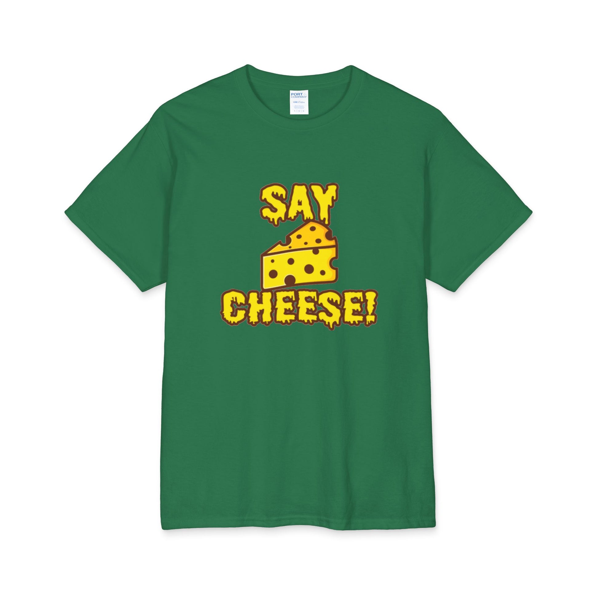 A green t-shirt with cheese shaped text 'Say cheese' with a graphic of yellow cheese in the middle on a white background