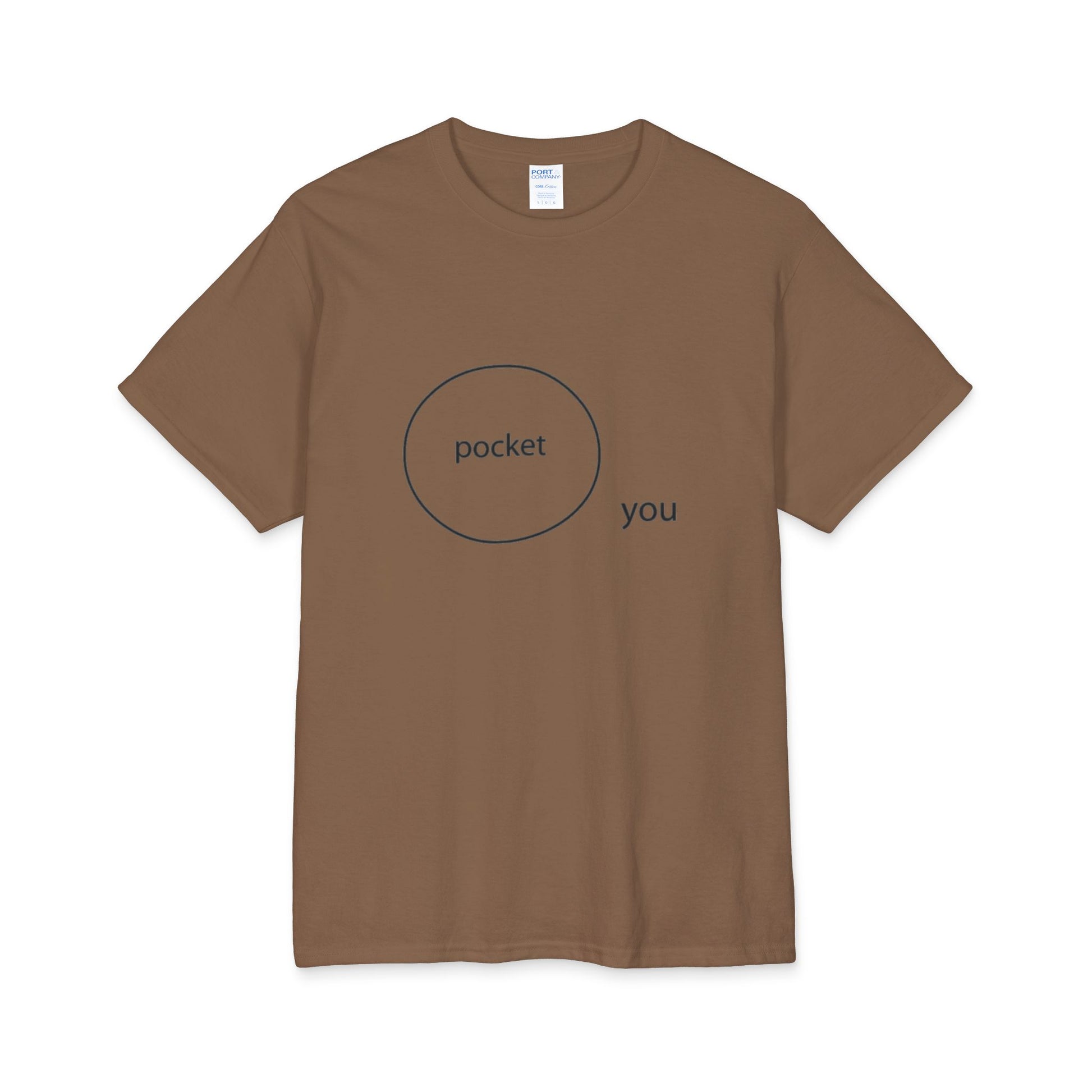 A brown t-shirt with a circle containing the word 'pocket' and the word 'you' on the outside of the circle design on a white background