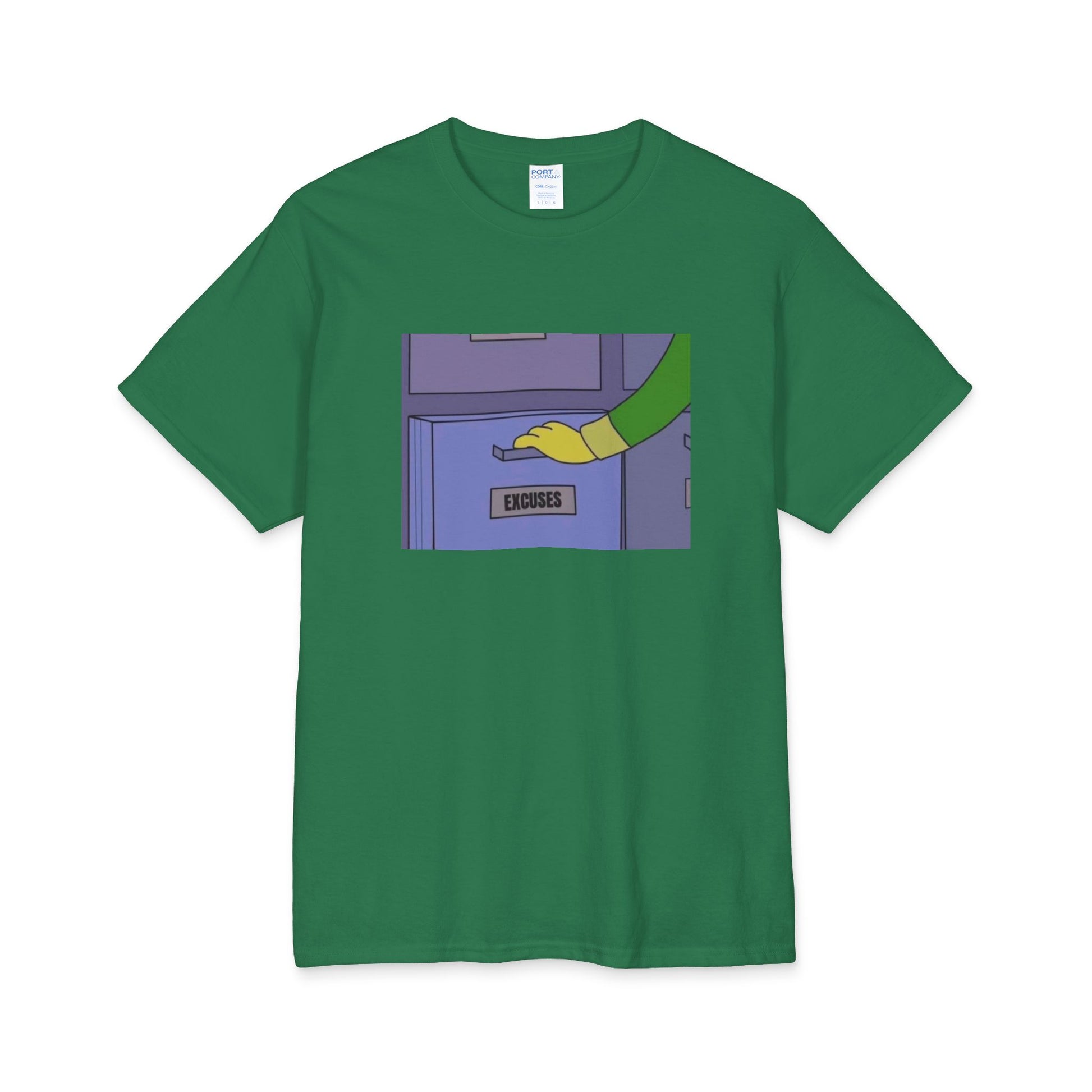 A green t-shirt with a graphic design of a file drawer labeled excuses and a hand reaching to open it on a white background
