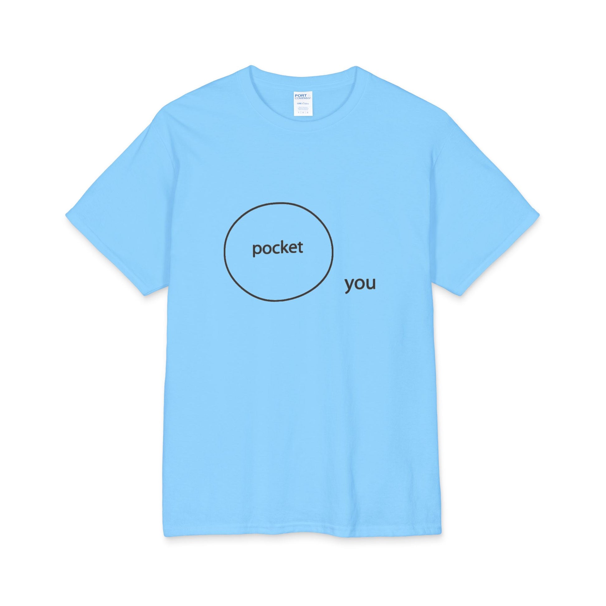 A light blue t-shirt with a circle containing the word 'pocket' and the word 'you' on the outside of the circle design on a white background