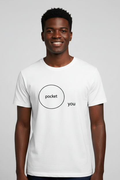 Man wearing a white t-shirt with a circle containing the word 'pocket' and the word 'you' on the outside of the circle design on a gray background