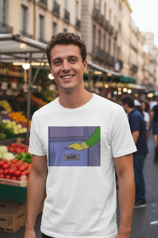 A man wearing a white t-shirt with a graphic design of a file drawer labeled excuses and a hand reaching to open it in an urban setting