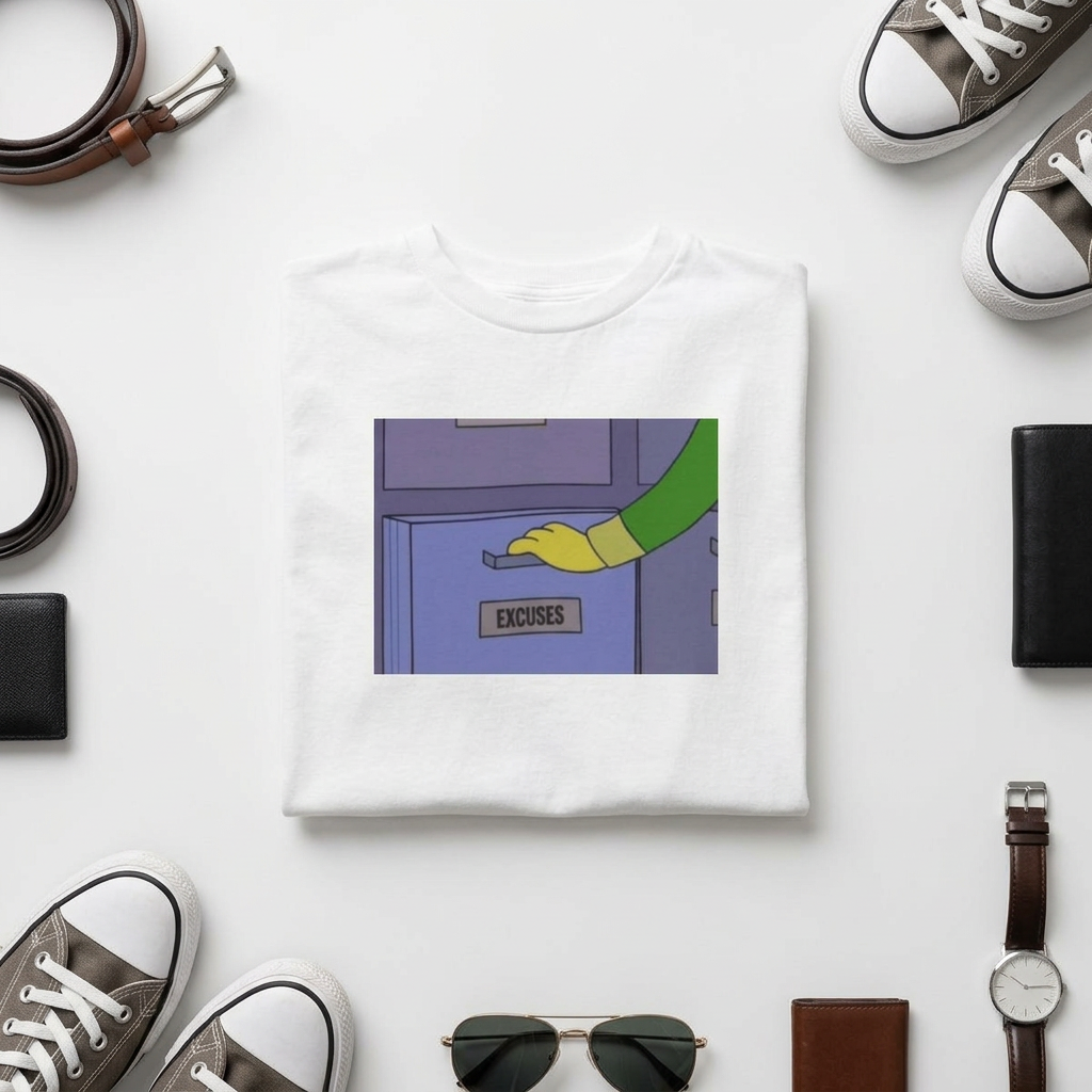 A white t-shirt with a graphic design of a file drawer labeled excuses and a hand reaching to open it surrounded by shoes, wallet, and watch on a white background