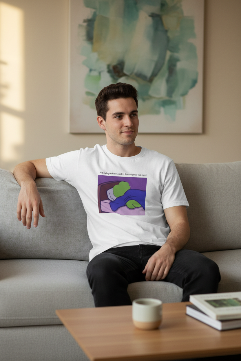 Man sitting on a couch wearing a White t-shirt with a graphic of a green pepe lying on a bed, with text 'Me trying to keep cool in the middle of the night' in a living room setting.