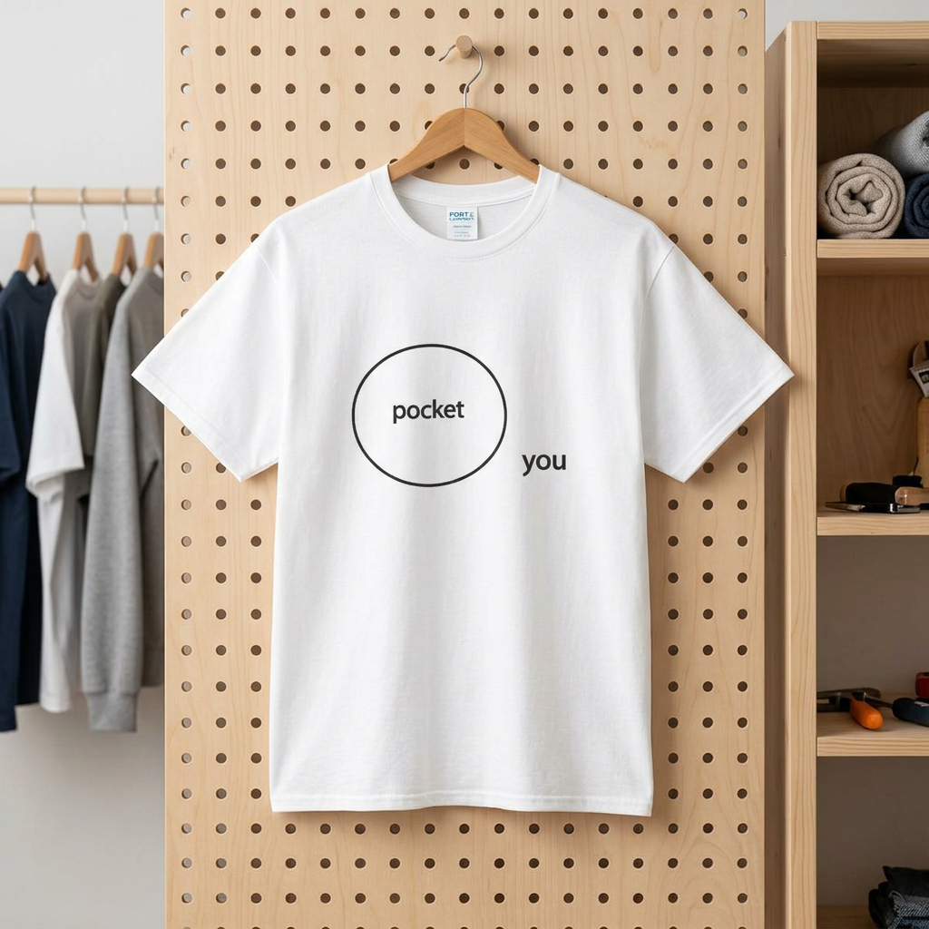 A white t-shirt with a circle containing the word 'pocket' and the word 'you' on the outside of the circle design on a hanger against a pegboard wall.