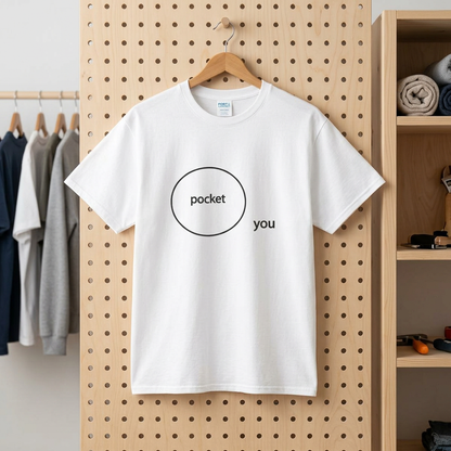 A white t-shirt with a circle containing the word 'pocket' and the word 'you' on the outside of the circle design on a hanger against a pegboard wall.