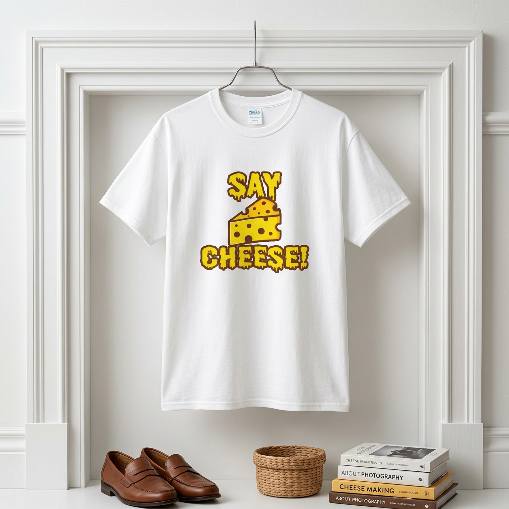 A white t-shirt with cheese shaped text 'Say cheese' with a graphic of yellow cheese in the middle on a hanger against a white wall.