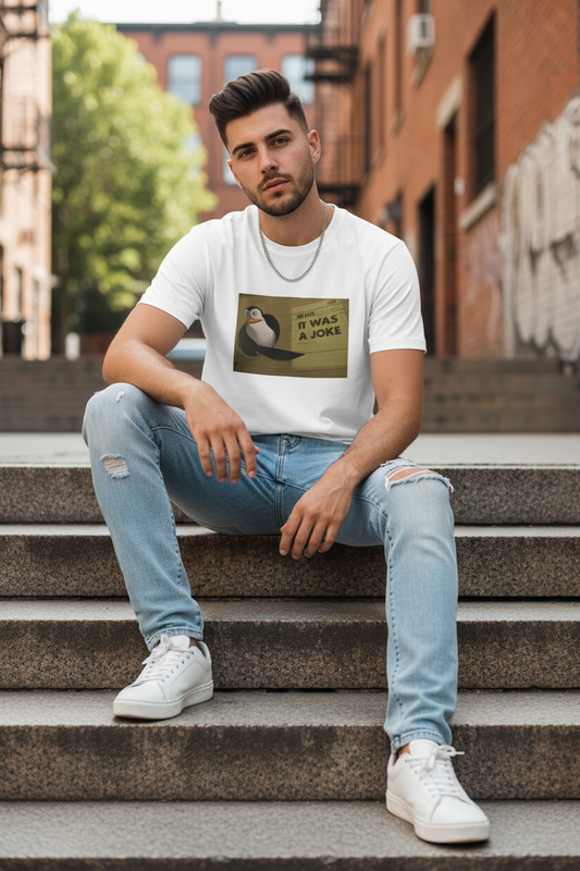 Man sitting on steps wearing a white t-shirt with a graphic design.